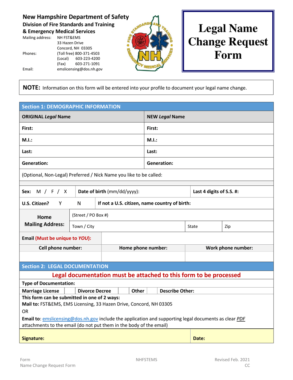 Legal Name Change Request Form - New Hampshire, Page 1