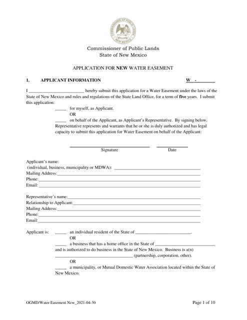 Application for New Water Easement - New Mexico Download Pdf
