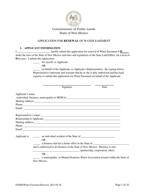 Application for Renewal of Water Easement - New Mexico Download Pdf
