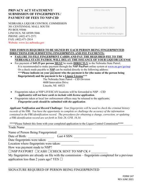 Form 147 Privacy Act Statement/Submission of Fingerprints/Payment of Fees to Nsp-Cid - Nebraska