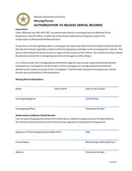 Document preview: Authorization to Release Missing Person Dental Records - Montana