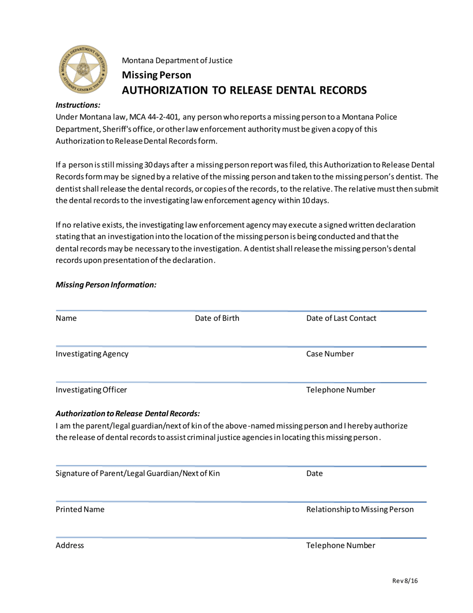 Authorization to Release Missing Person Dental Records - Montana, Page 1
