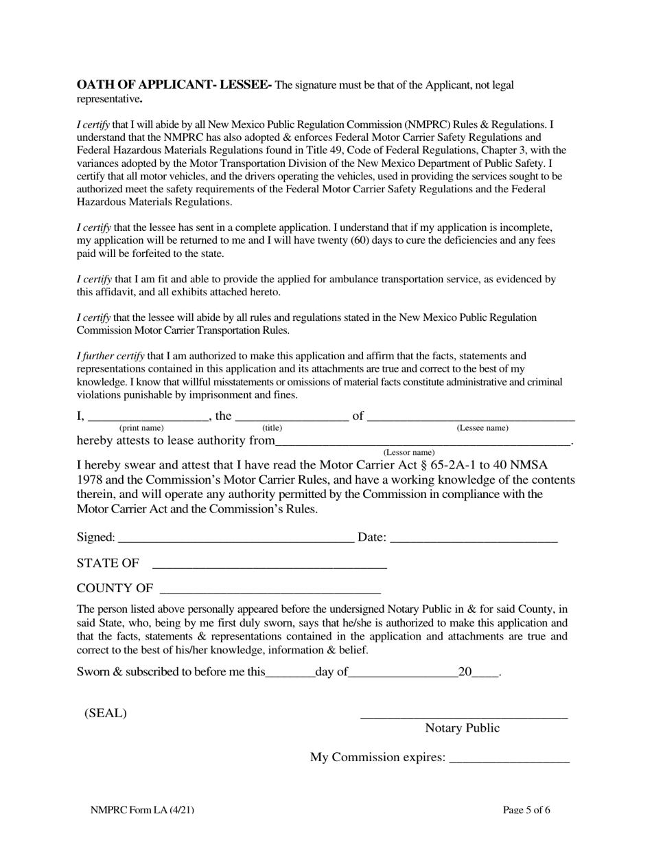 NMPRC Form LA Application for Lease of an Ambulance Certificate - New Mexico, Page 5
