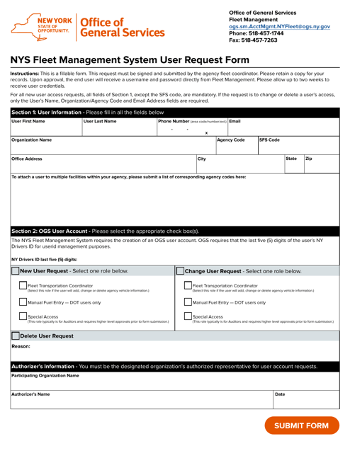NYS Fleet Management System User Request Form - New York Download Pdf