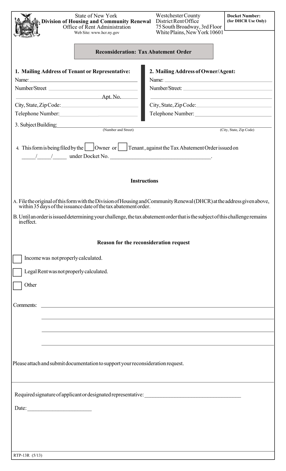 Form RTP-13R Reconsideration: Tax Abatement Order - New York, Page 1