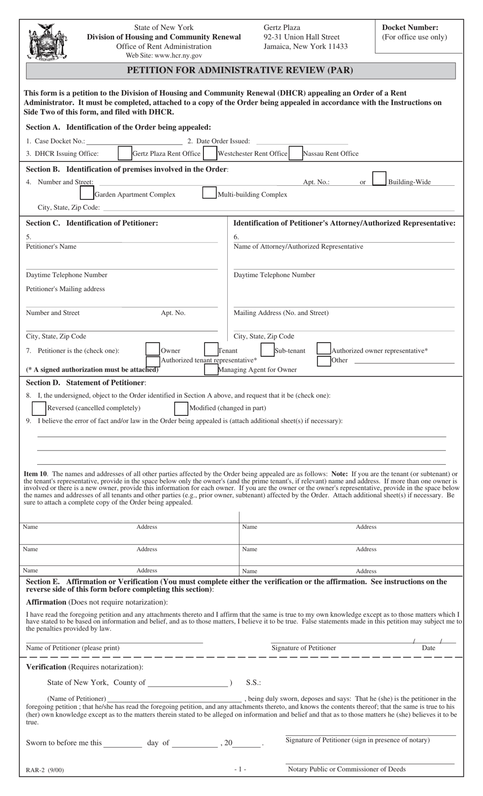 Form RAR-2 Petition for Administrative Review (Par) - New York, Page 1