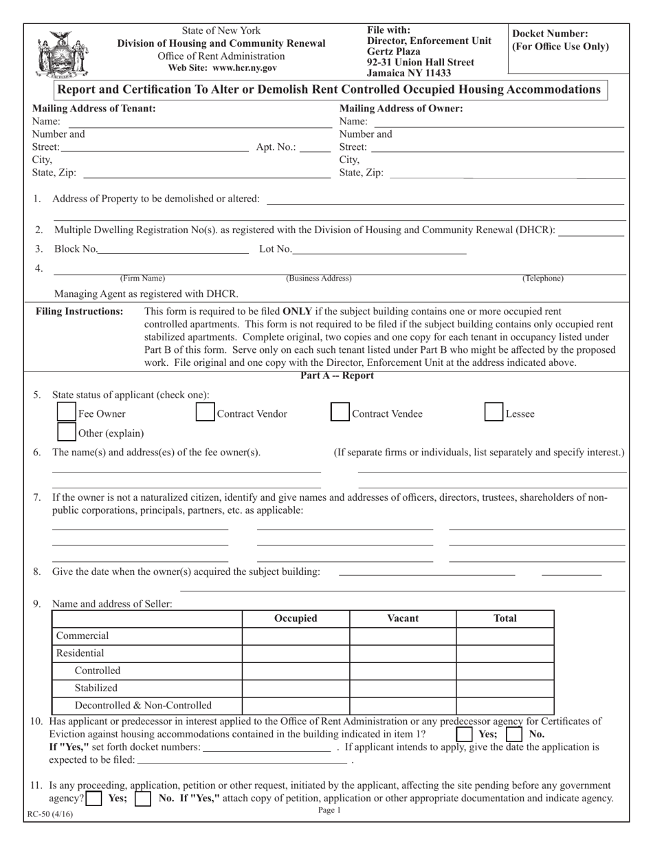 Form RC-50 Report and Certification to Alter or Demolish Rent Controlled Occupied Housing Accommodations - New York, Page 1