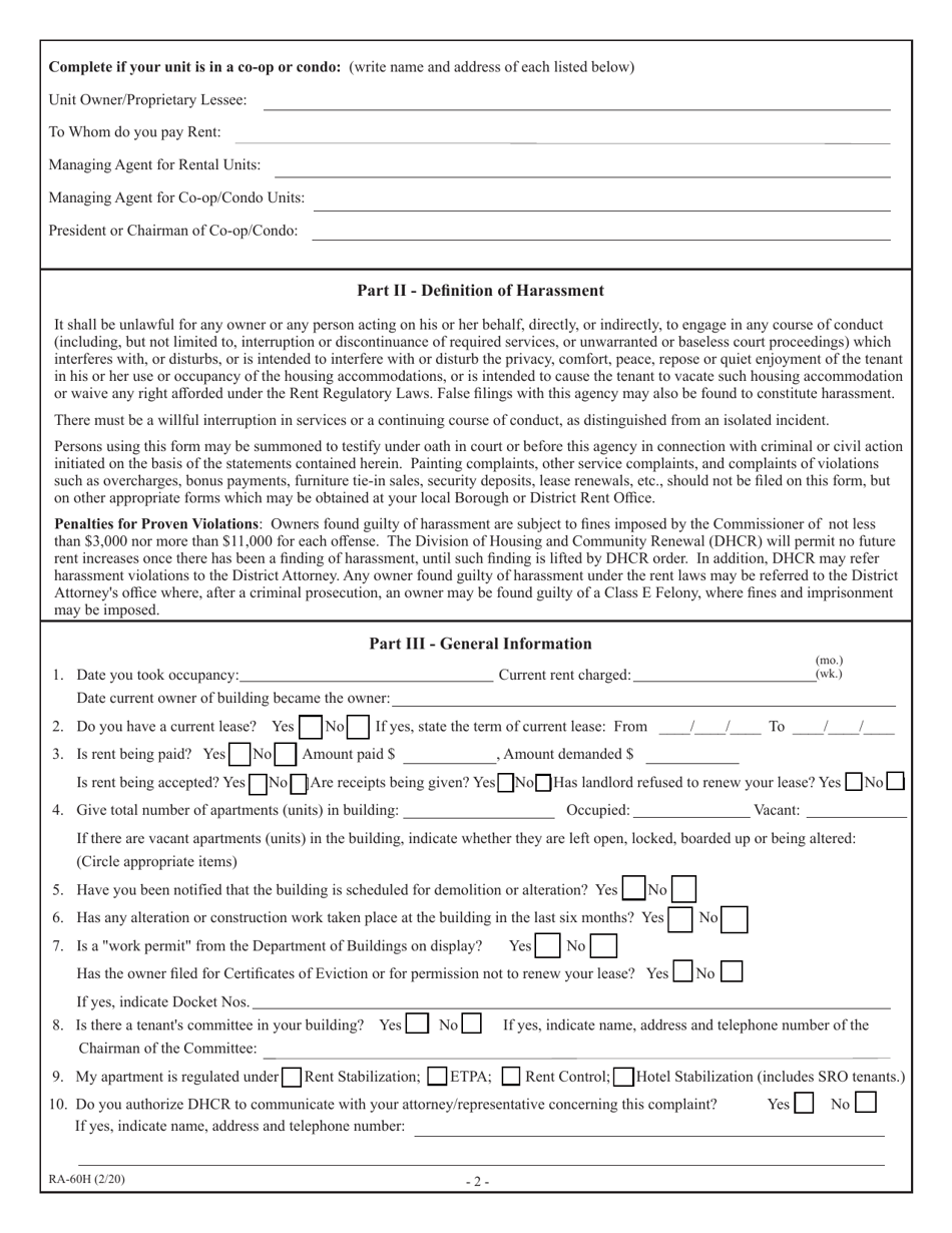 Form RA-60H Tenants Statement of Complaint (S) - Harassment - New York, Page 2