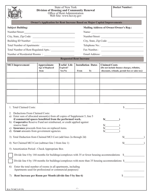 Form RA-79 MCI Owner's Application for Rent Increase Based on Major Capital Improvements - New York