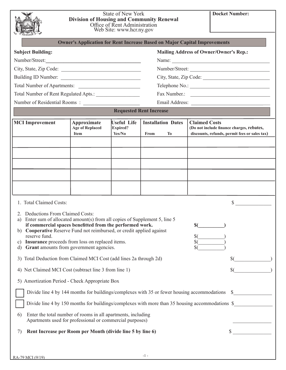 Form RA-79 MCI Owners Application for Rent Increase Based on Major Capital Improvements - New York, Page 1