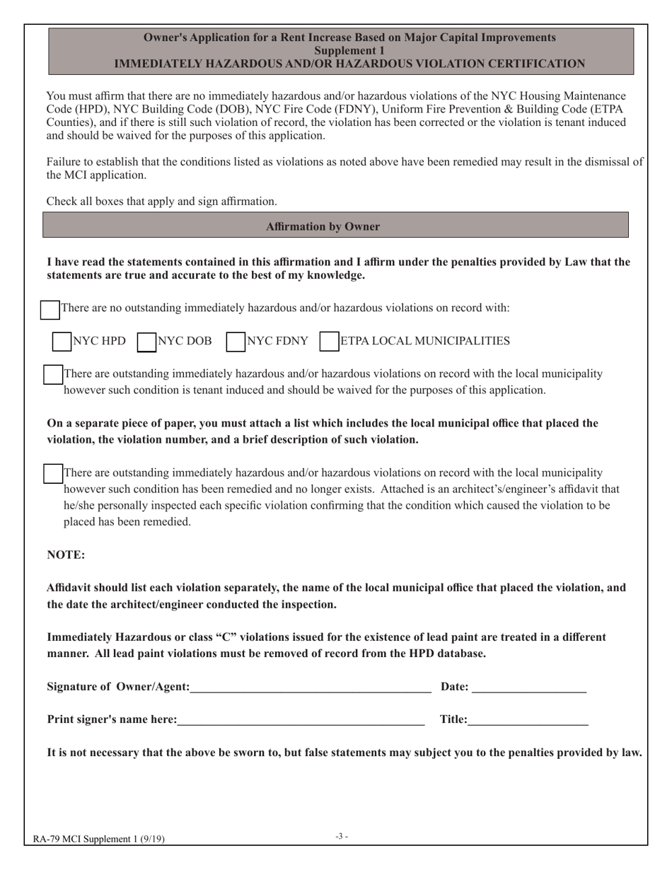 Form RA-79 MCI Owners Application for Rent Increase Based on Major Capital Improvements - New York, Page 3