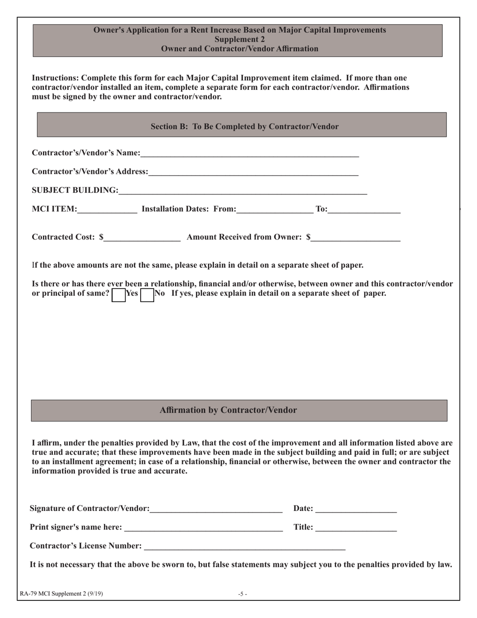 Form RA-79 MCI Owners Application for Rent Increase Based on Major Capital Improvements - New York, Page 5