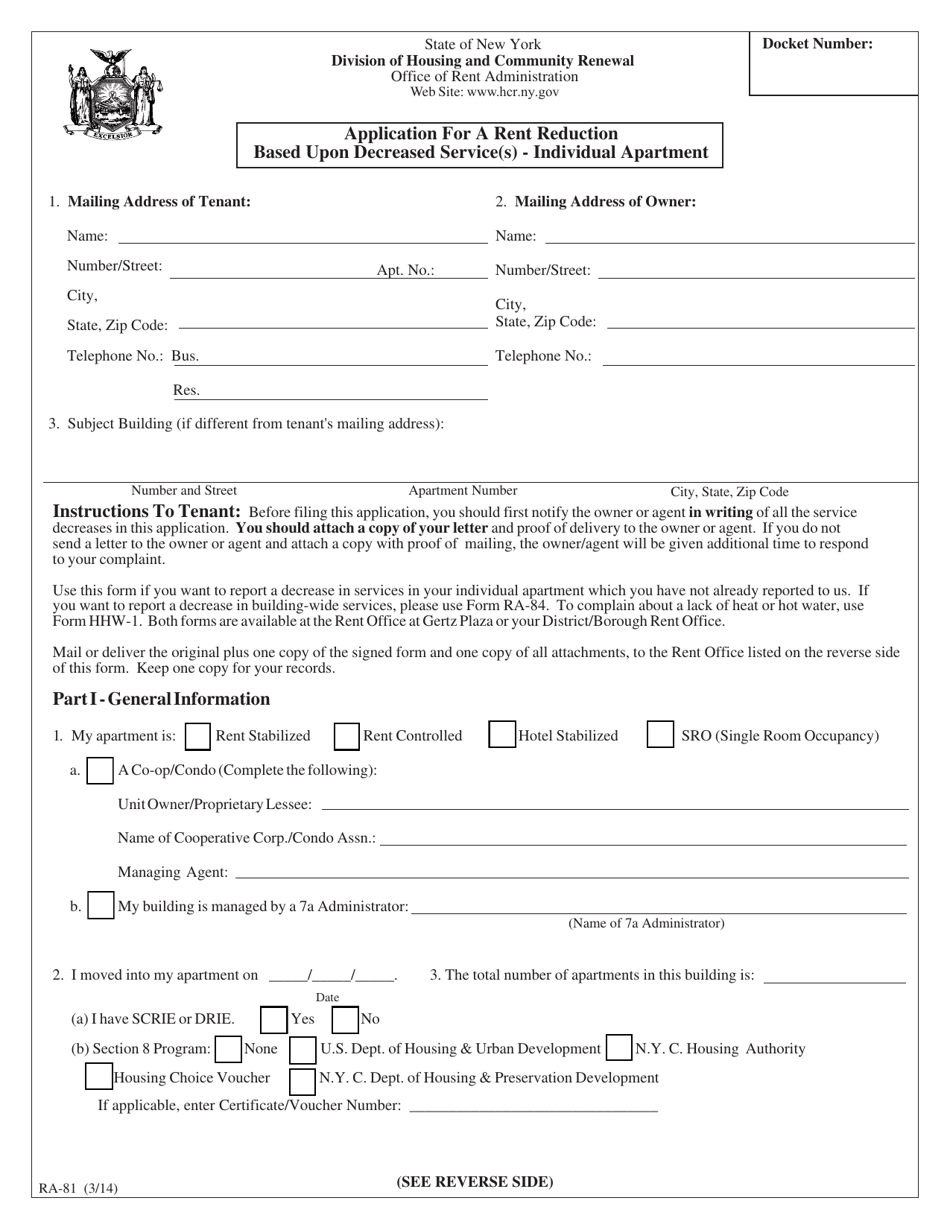Form RA-81 Application for a Rent Reduction Based Upon Decreased Service(S) - Individual Apartment - New York, Page 1