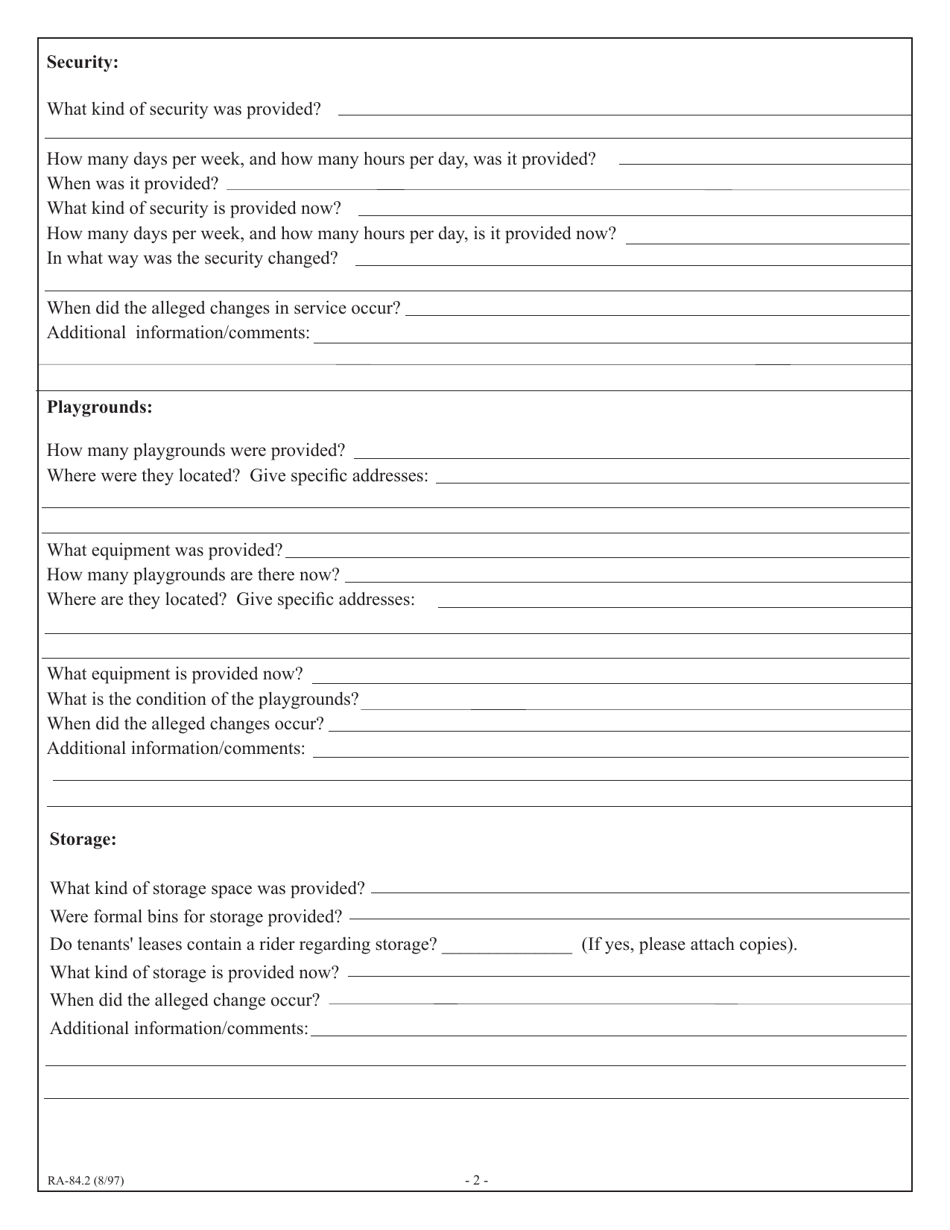 Form RA-84.2 Supplement to Application for a Rent Reduction Based Upon Decreased Building-Wide Service(S) Laundry, Doorman, Security, Storage and / or Playgrounds - New York, Page 2