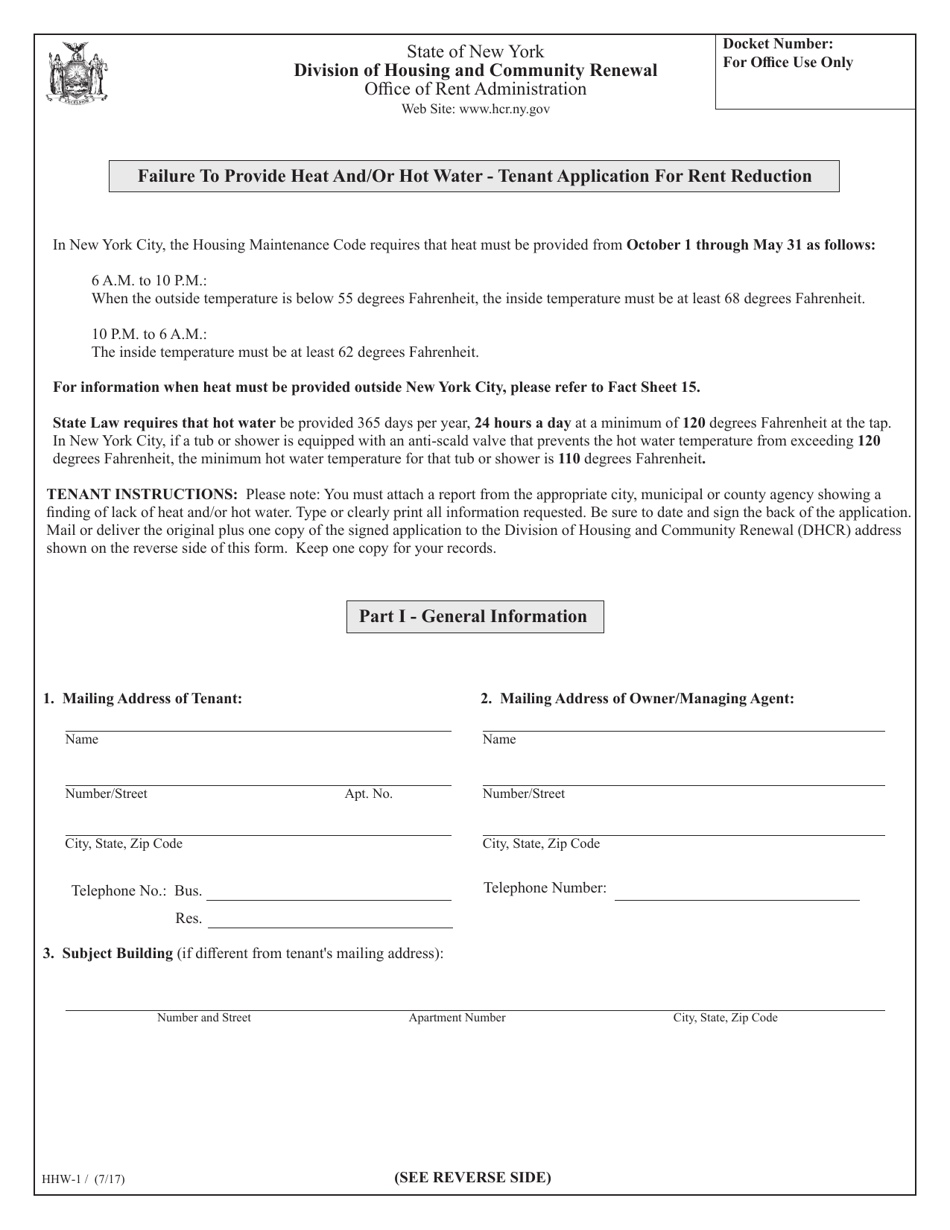 Form HHW-1 Failure to Provide Heat and / or Hot Water - Tenant Application for Rent Reduction - New York, Page 1
