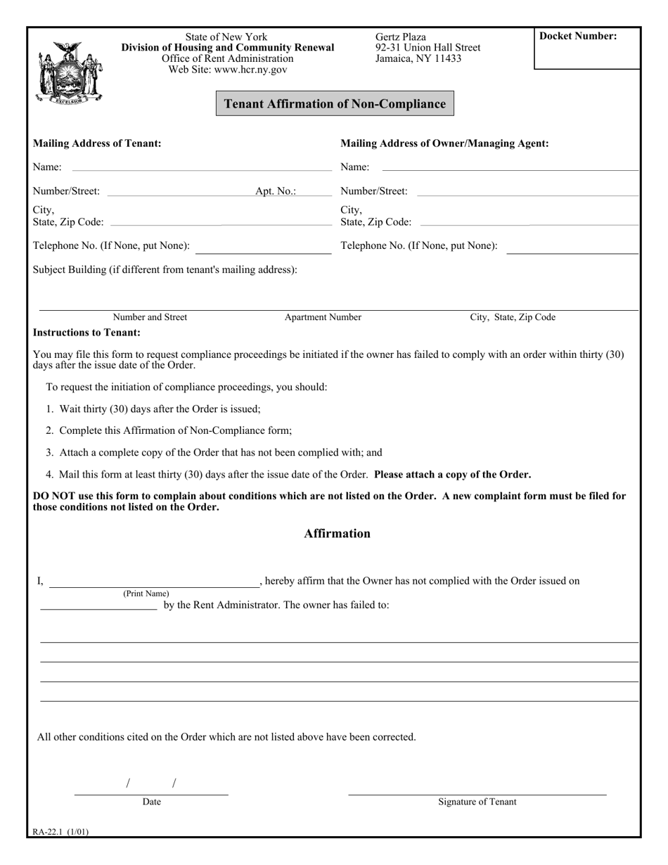 Form RA-22.1 Tenant Affirmation of Non-compliance - New York, Page 1