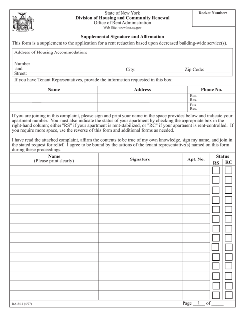 Form RA-84.1 Supplemental Signature and Affirmation - New York