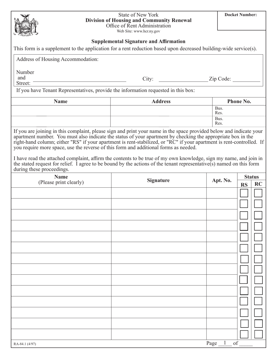 Form RA-84.1 Supplemental Signature and Affirmation - New York, Page 1