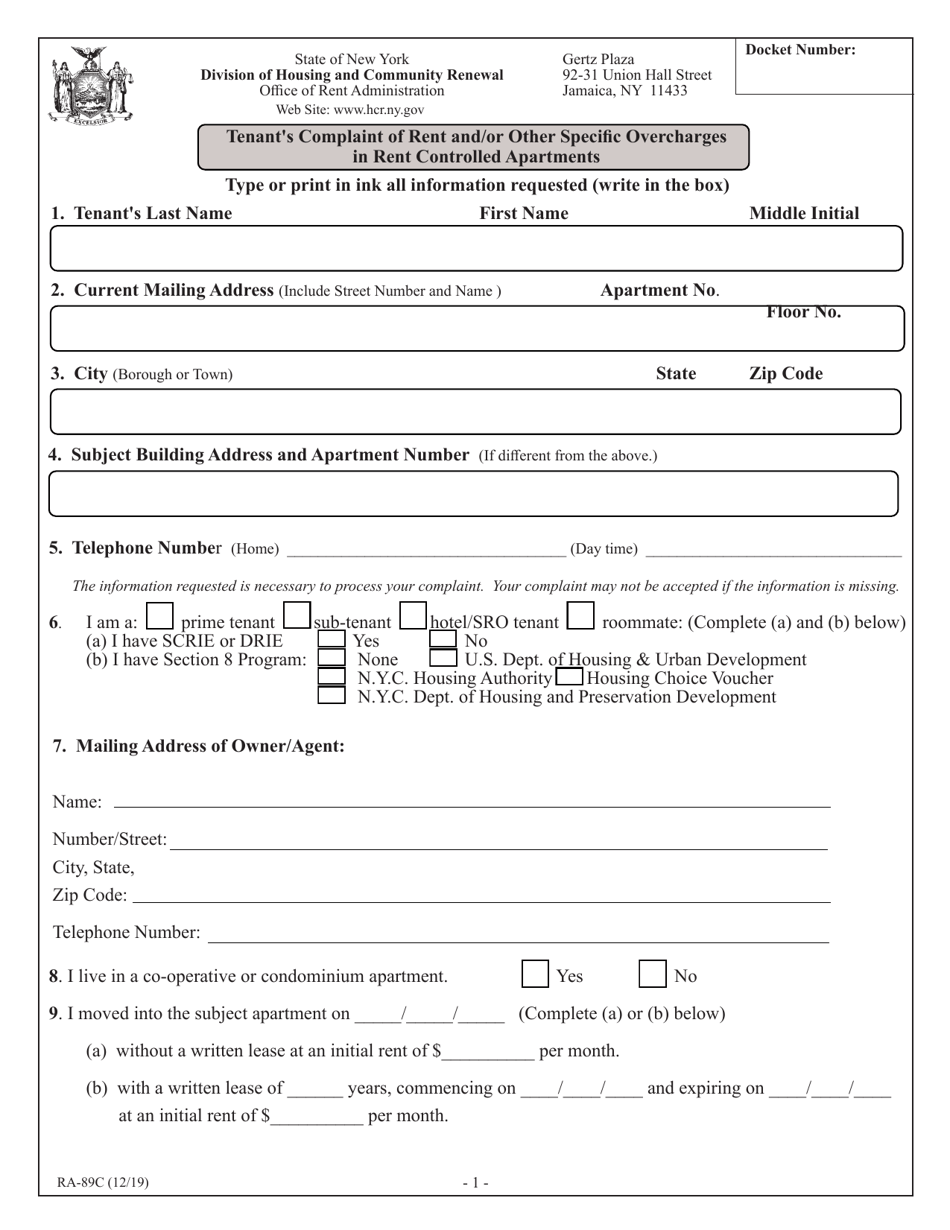 Form RA-89C Tenants Complaint of Rent and / or Other Specific Overcharges in Rent Controlled Apartments - New York, Page 3