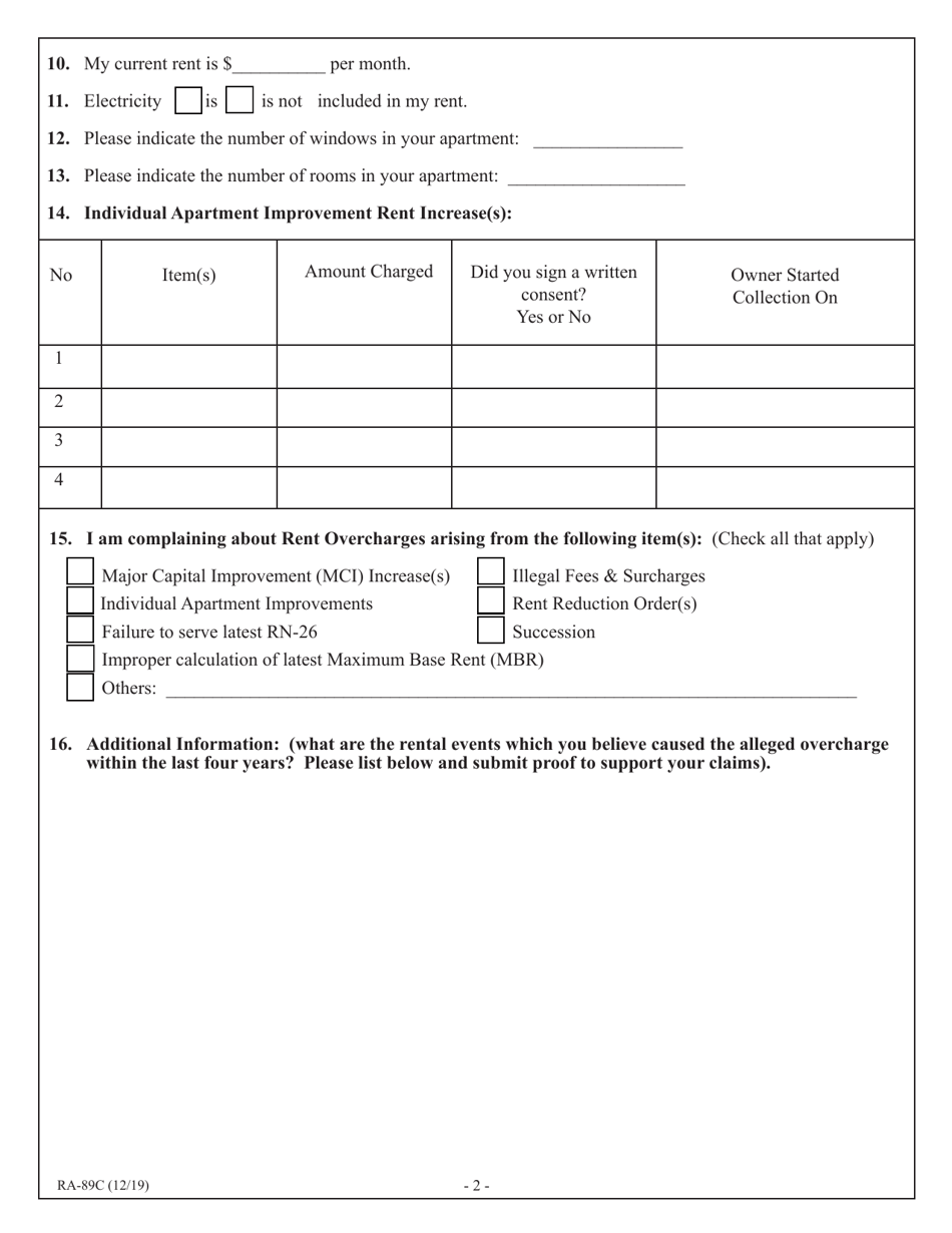 Form RA-89C Tenants Complaint of Rent and / or Other Specific Overcharges in Rent Controlled Apartments - New York, Page 4