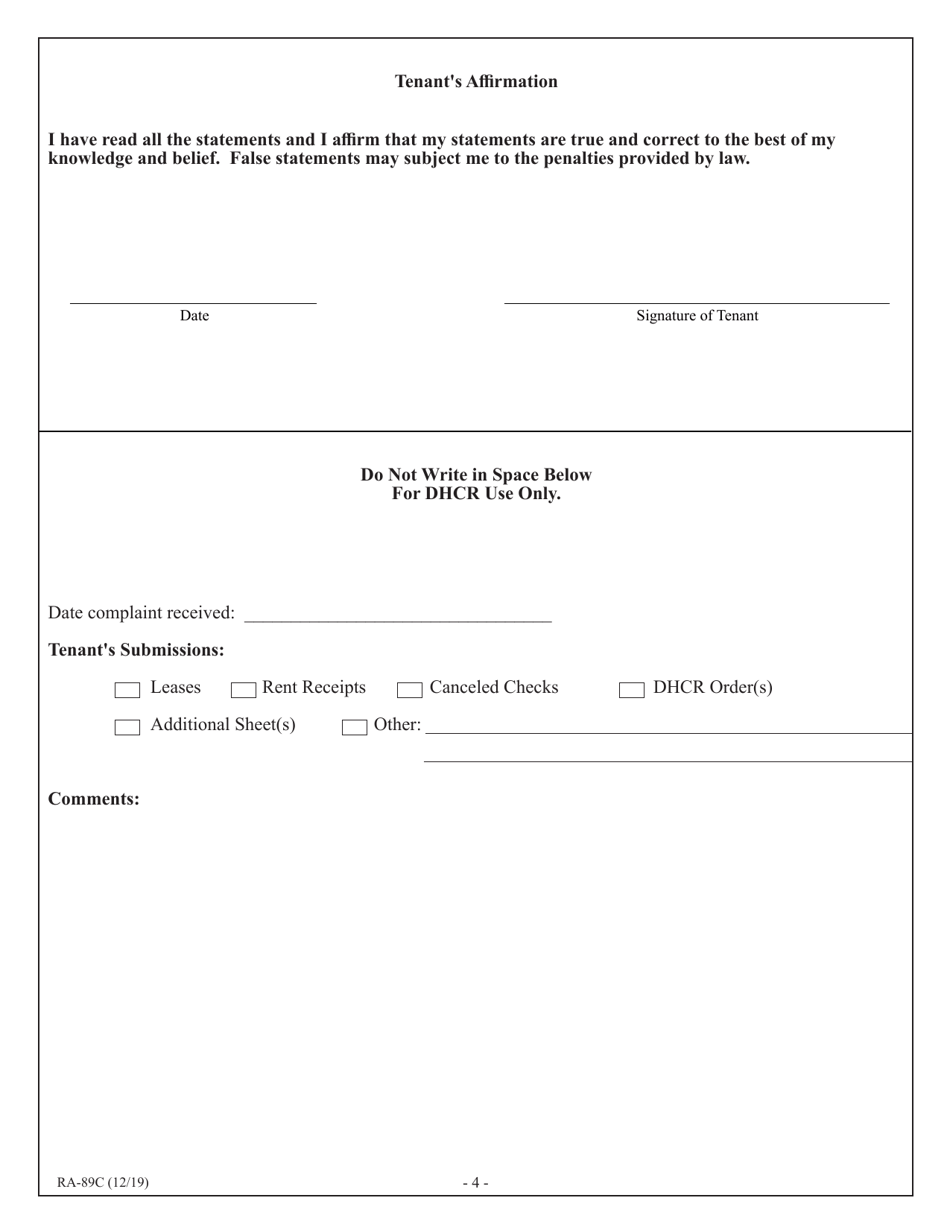 Form RA-89C Tenants Complaint of Rent and / or Other Specific Overcharges in Rent Controlled Apartments - New York, Page 6
