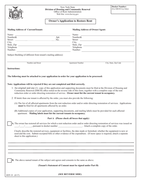 Form RTP-19 Owner's Application to Restore Rent - New York