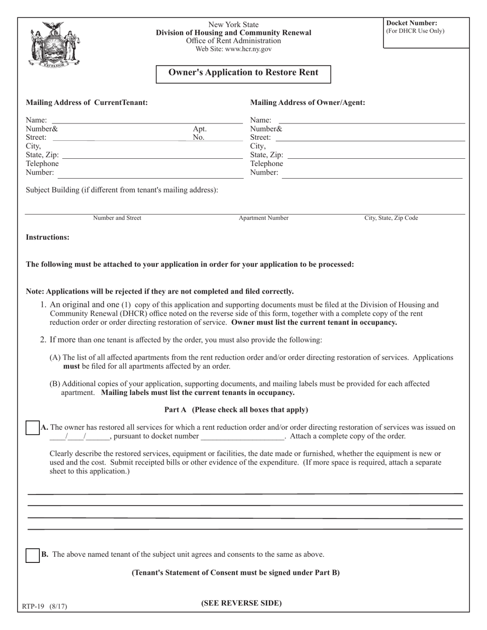 Form RTP-19 Owners Application to Restore Rent - New York, Page 1