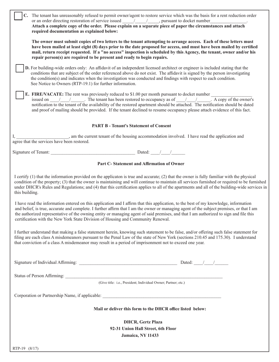 Form RTP-19 Owners Application to Restore Rent - New York, Page 2