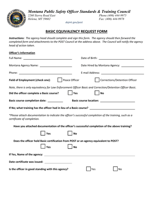Basic Equivalency Request Form - Montana Download Pdf