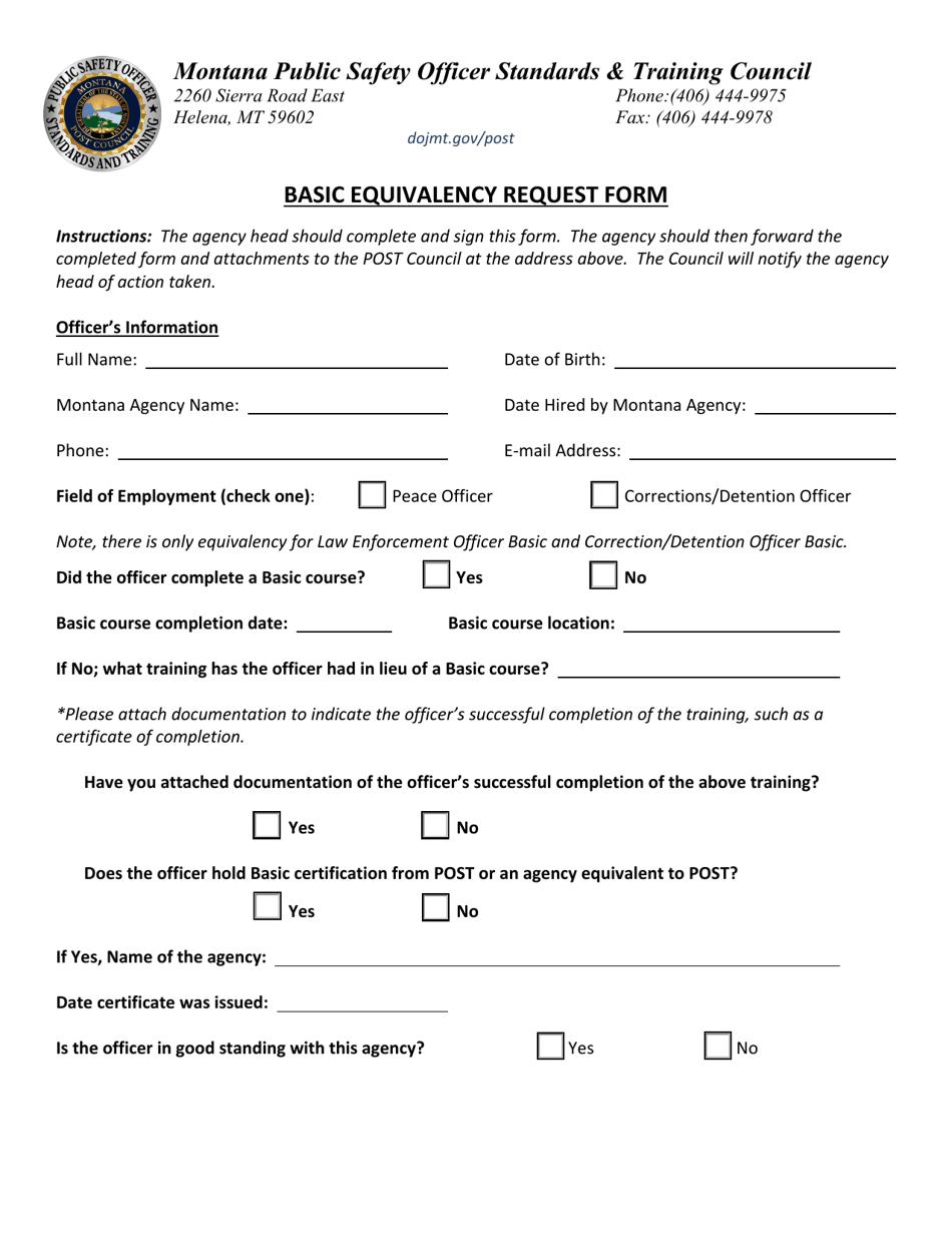 Basic Equivalency Request Form - Montana, Page 1