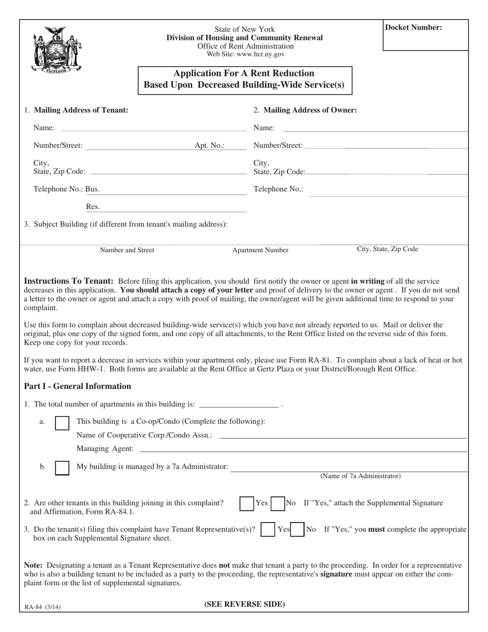 Form RA-84 Application for a Rent Reduction Based Upon Decreased Building-Wide Service(S) - New York, Page 1