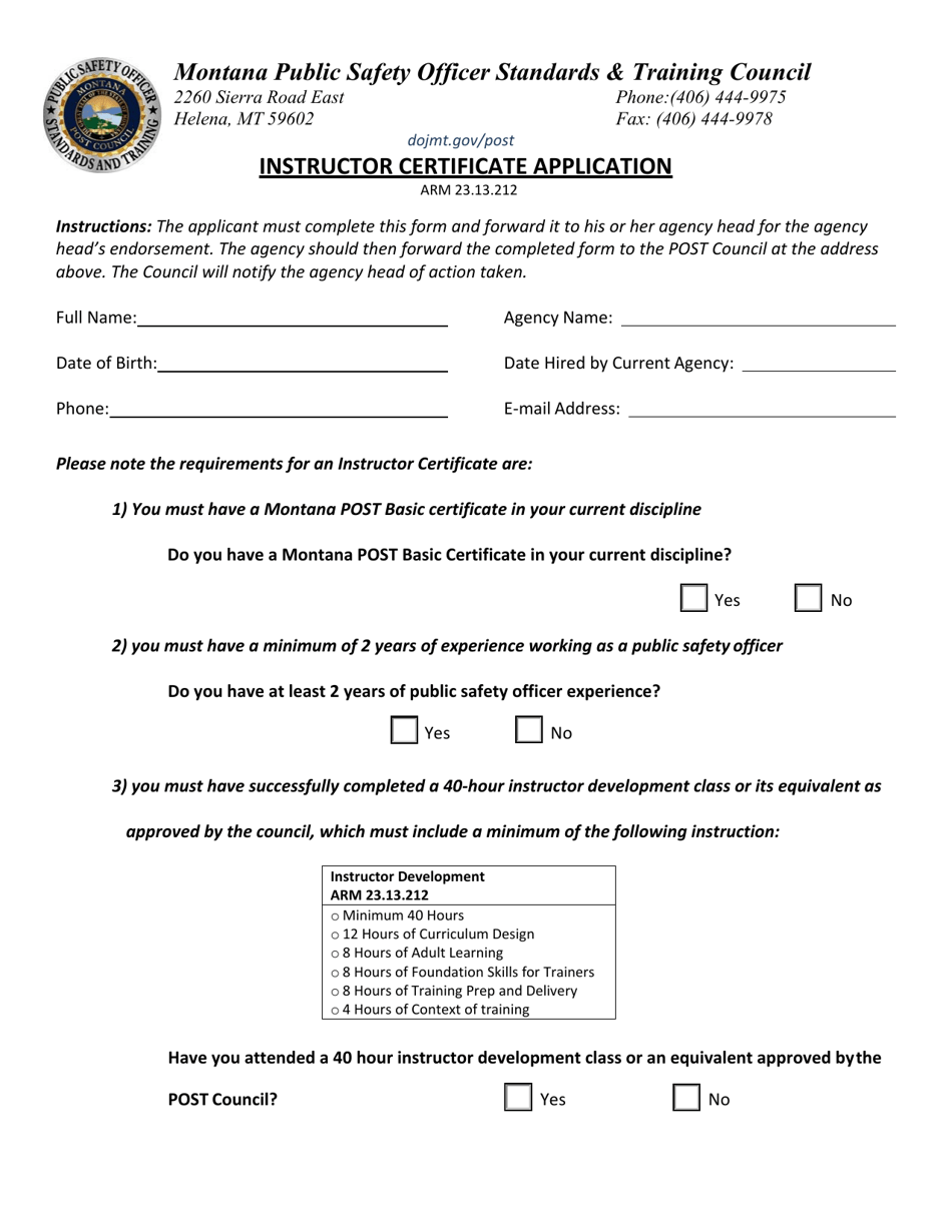 Instructor Certificate Application - Montana, Page 1