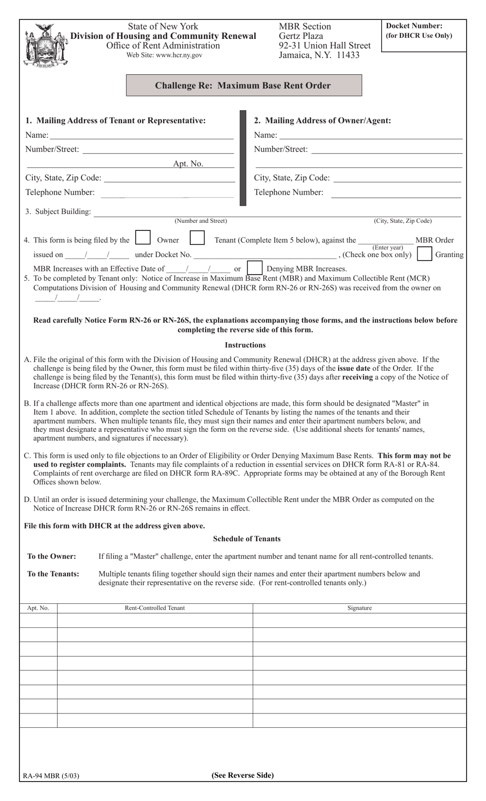 Form RA-94 MBR Challenge Re: Maximum Base Rent Order - New York, Page 1