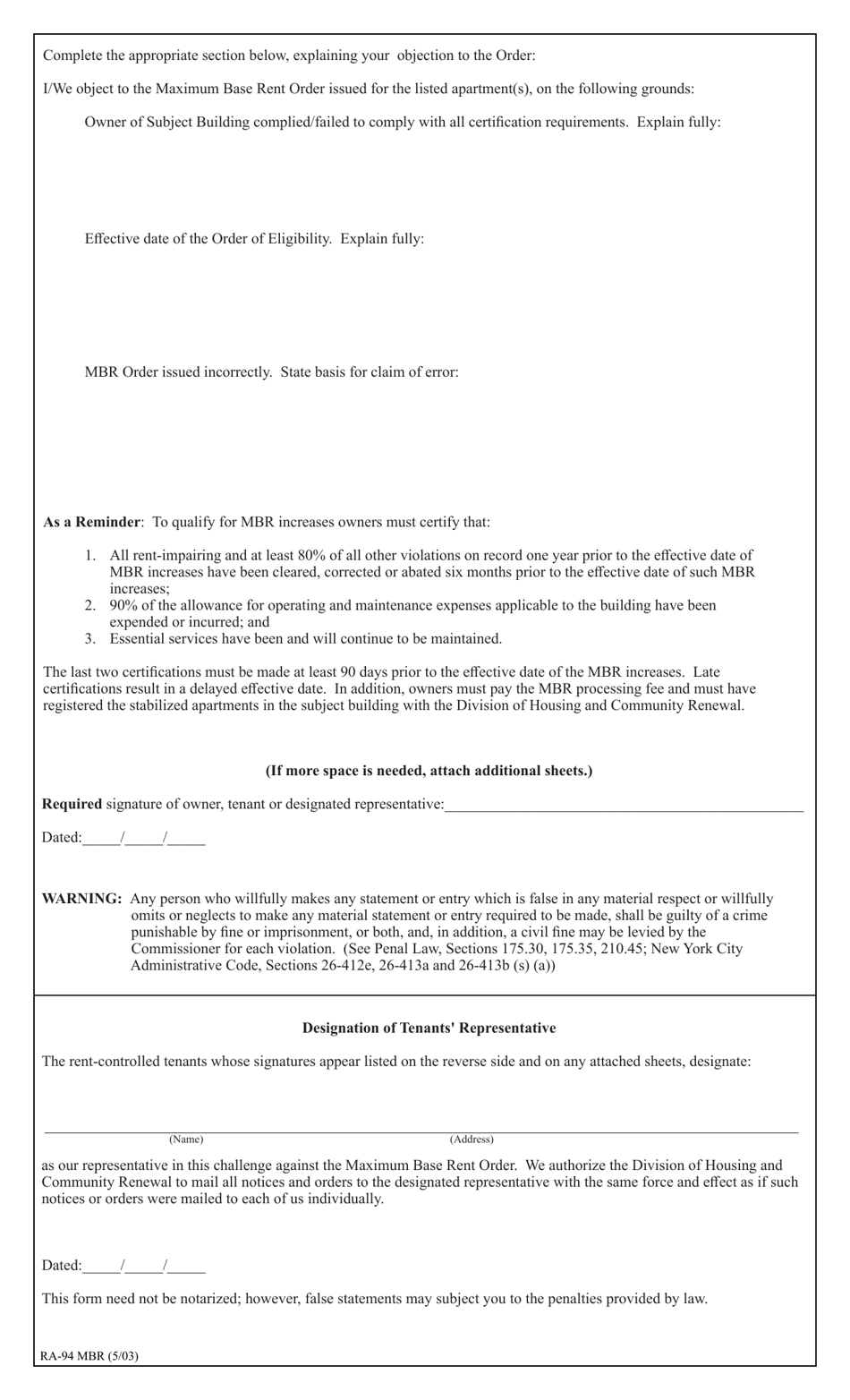 Form RA-94 MBR Challenge Re: Maximum Base Rent Order - New York, Page 2