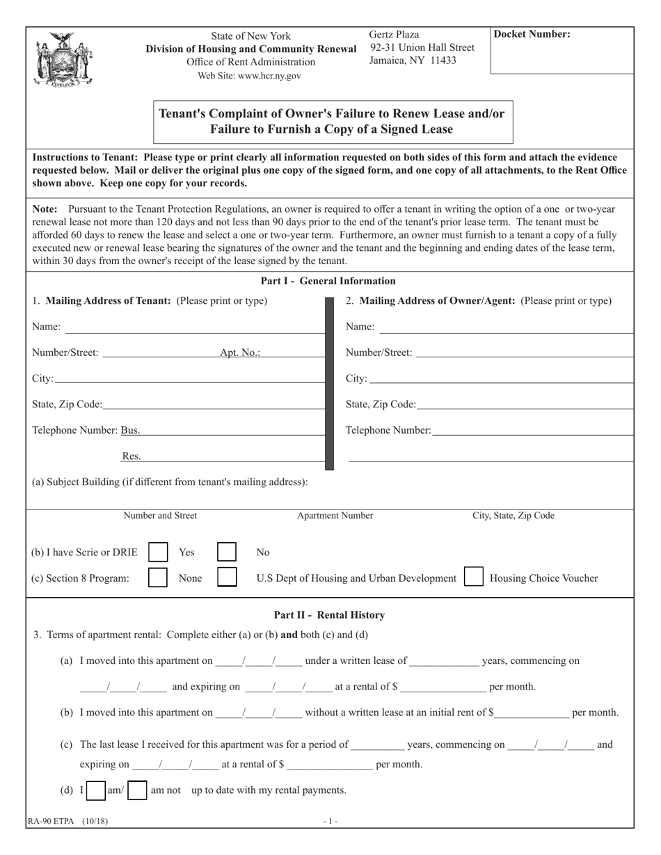 Form RA-90 ETPA Tenants Complaint of Owners Failure to Renew Lease and / or Failure to Furnish a Copy of a Signed Lease - New York, Page 1
