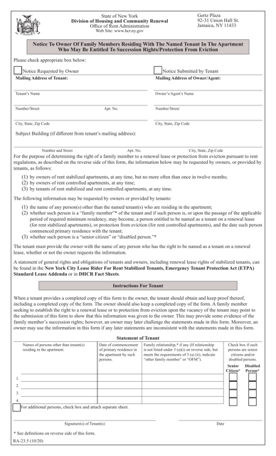 Form RA-23.5 Notice to Owner of Family Members Residing With the Named Tenant in the Apartment Who May Be Entitled to Succession Rights/Protection From Eviction - New York