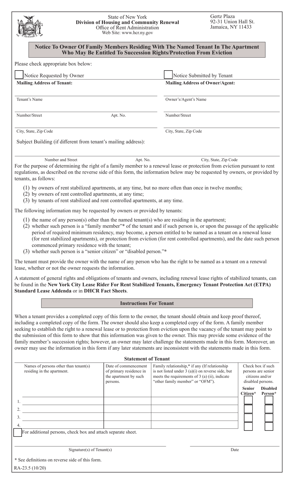 Form RA-23.5 Notice to Owner of Family Members Residing With the Named Tenant in the Apartment Who May Be Entitled to Succession Rights / Protection From Eviction - New York, Page 1