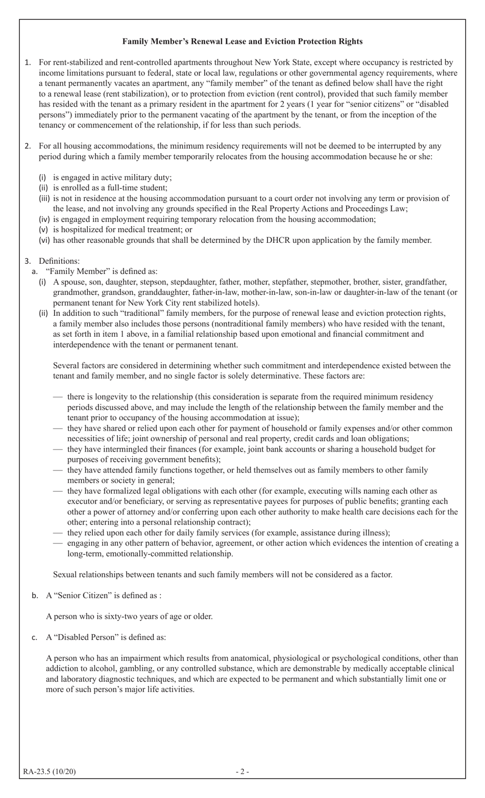 Form RA-23.5 Notice to Owner of Family Members Residing With the Named Tenant in the Apartment Who May Be Entitled to Succession Rights / Protection From Eviction - New York, Page 2