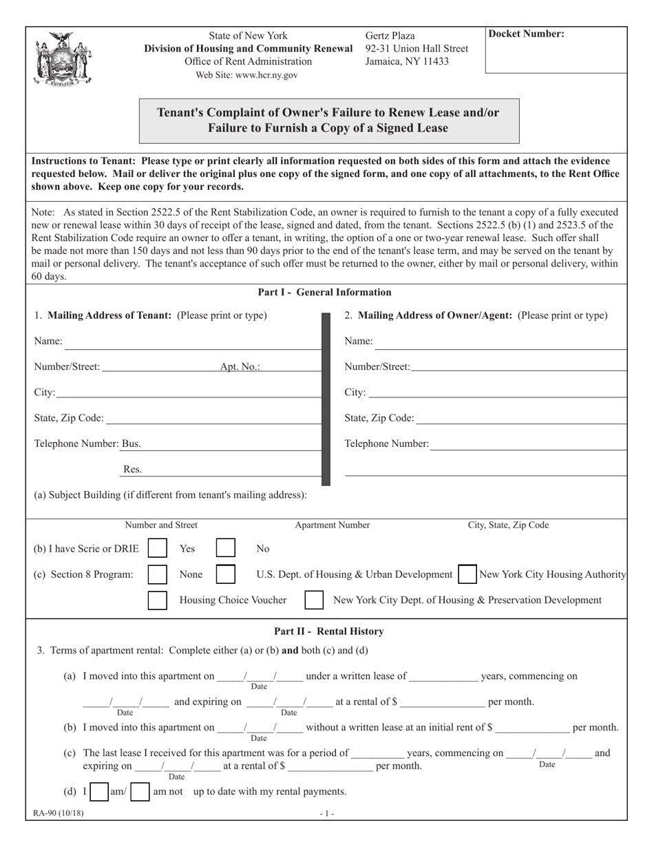 Form RA-90 Tenants Complaint of Owners Failure to Renew Lease and / or Failure to Furnish a Copy of a Signed Lease - New York, Page 1