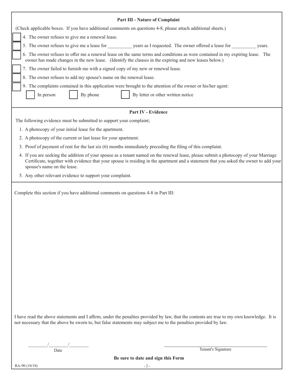 Form RA-90 Tenants Complaint of Owners Failure to Renew Lease and / or Failure to Furnish a Copy of a Signed Lease - New York, Page 2