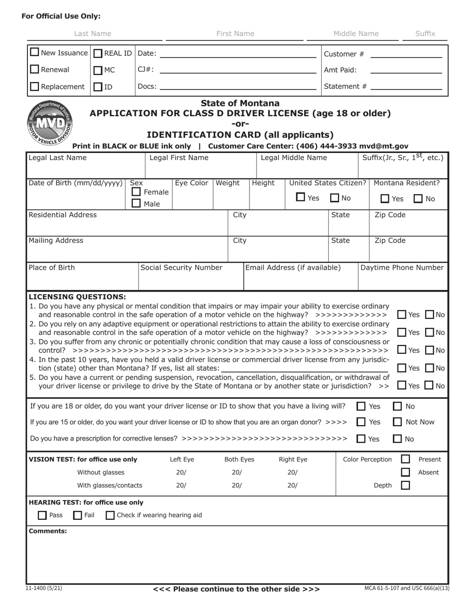 Form 11-1400 Application for Class D Driver License (Age 18 or Older) or Identification Card (All Applicants) - Montana, Page 1