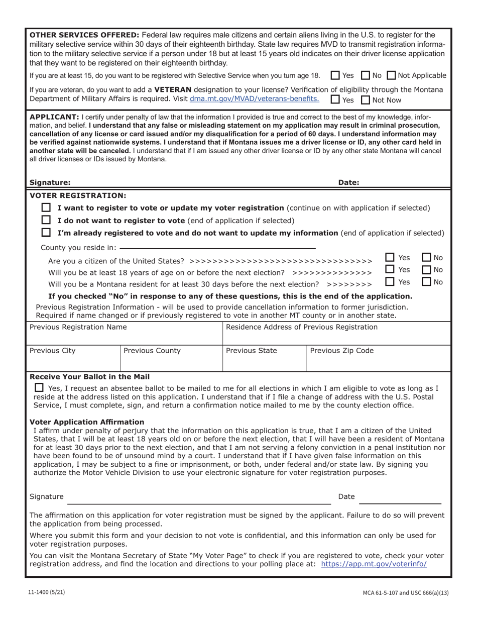 Form 11-1400 Application for Class D Driver License (Age 18 or Older) or Identification Card (All Applicants) - Montana, Page 2