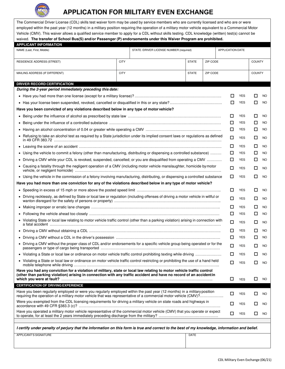 Application for Military Even Exchange - Montana, Page 1