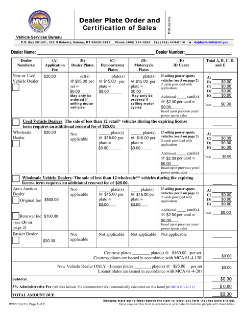 Form MV35P Dealer Plate Order and Certification of Sales - Montana