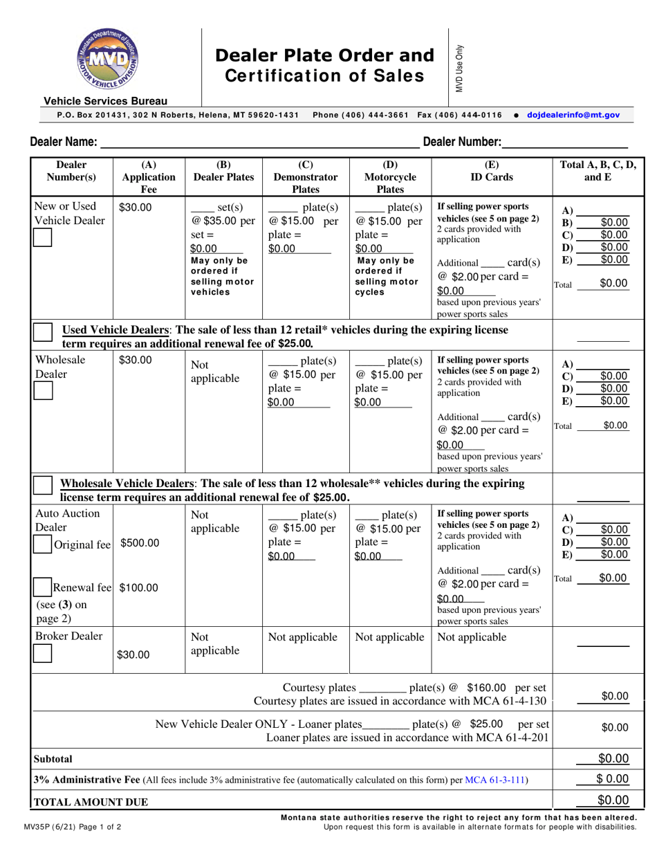 Form MV35P Dealer Plate Order and Certification of Sales - Montana, Page 1