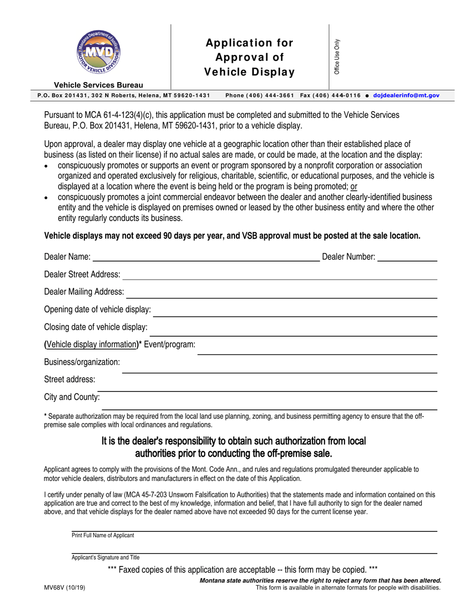 Form MV68V Application for Approval of Vehicle Display - Montana, Page 1