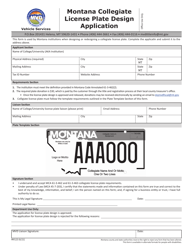 Document preview: Form MV123 Montana Collegiate License Plate Design Application - Montana