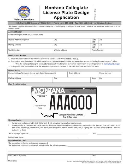 Form MV123 Montana Collegiate License Plate Design Application - Montana