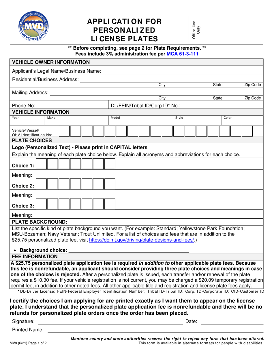 Form MV8 Application for Personalized License Plates - Montana, Page 1