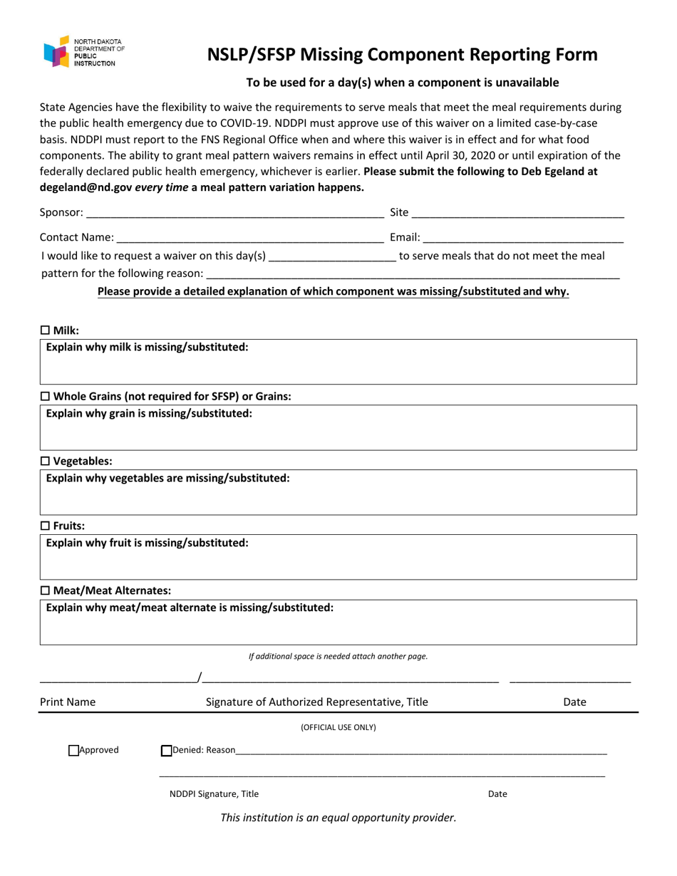 Nslp / Sfsp Missing Component Reporting Form - North Dakota, Page 1